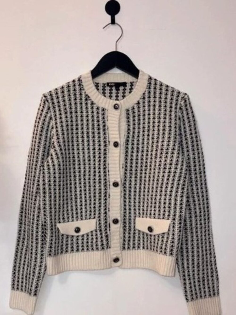 Maje Textured Knit Cardigan Cream Black Women's Size L